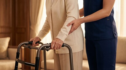 Caregiver supporting senior woman using a walker symbolizing rehabilitation and elderly mobility assistance.