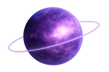 Purple ringed planet orbiting through cosmic nebula clouds, symbolizing space exploration and science fiction fantasy