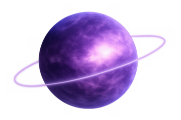 Purple ringed planet orbiting through cosmic nebula clouds, symbolizing space exploration and science fiction fantasy