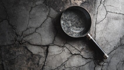 Magnifying glass on cracked, textured surface, focus on detail and examination