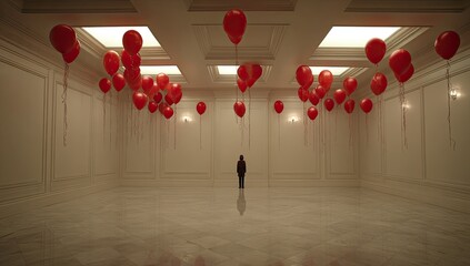 A lone figure stands in a large, empty room filled with red balloons