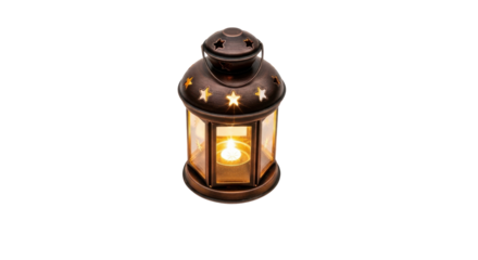 Lit antique bronze lantern with star cutouts and glass panels on black light candle, Isolated On Png Transparent Background