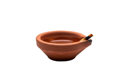 Single clay diya oil lamp filled with liquid and wick on black background terracotta, Isolated On Png Transparent Background