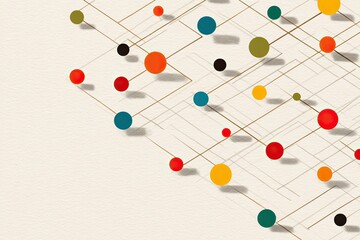 Abstract network of colored circles connected by thin lines on a textured background