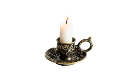 Ornate antique brass candlestick holding a lit white candle on black background image, Isolated On Png Transparent Background