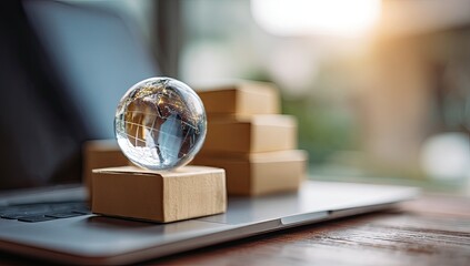 Glass globe atop small package on laptop, signifying global commerce