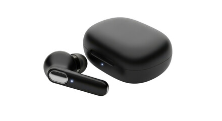 Black wireless earbuds and charging case with blue indicator lights earphones audio, Isolated On Png Transparent Background