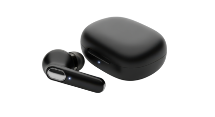 Black wireless earbuds and charging case with blue indicator lights earphones audio, Isolated On Png Transparent Background