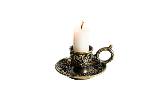 Ornate antique brass candlestick holding a lit white candle on black background image, Isolated On Png Transparent Background