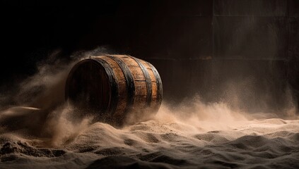 A wooden barrel rolls in dust, creating a dramatic, moody scene with soft light