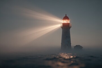 Towering beacon pierces foggy expanse, casting radiant beams across dark waters