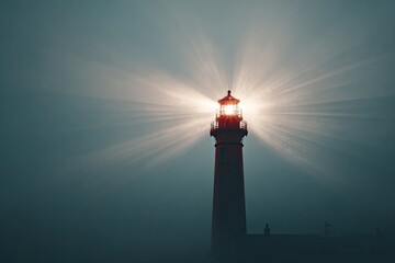 Beacon pierces thick fog, casting radiant light beams across dark waters