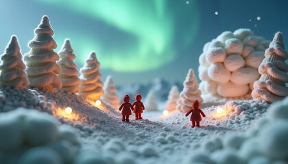 Miniature Figures Explore Snowy Forest Under Glowing Northern Lights &mdash; Enchanting Winter Fantasy Scene for Holiday, Adventure & Family Concepts