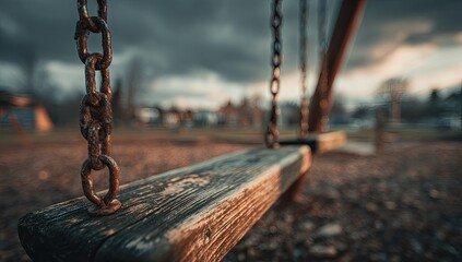 Weathered wooden swing seat hangs by rusty chains in an empty park