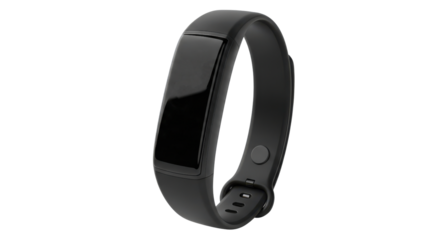 Black fitness tracker displaying time heart rate and battery on black background band wearable, Isolated On Png Transparent Background