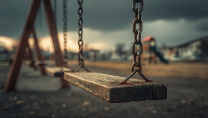 Empty wooden swing set on a desolate playground, under a cloudy sky
