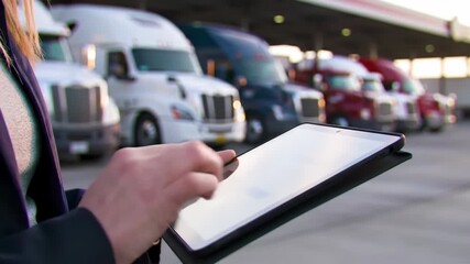 Close up of woman using digital tablet in front of semi trucks at gas station. Background shows the transportation, logistics and technology theme. - Powered by Adobe
