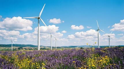  A scenic photograph of modern, sleek white wind turbines towering over a vibrant field of blooming lavender and wild yellow flowers