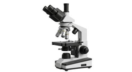 White and black compound microscope with multiple objectives on black background laboratory science, Isolated On Png Transparent Background
