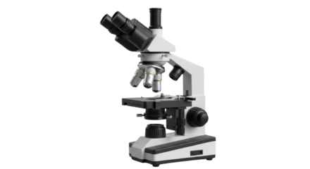 White and black compound microscope with multiple objectives on black background laboratory science, Isolated On Png Transparent Background