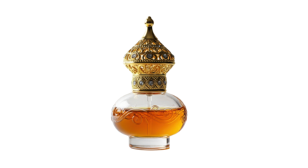 Ornate gold topped glass perfume bottle filled with amber liquid image, Isolated On Png Transparent Background