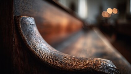 Close-up of aged wooden pew armrest in softly lit, blurry interior
