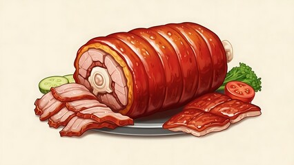 Delicious Roasted Pork Belly Roll with Slices and Vegetables.