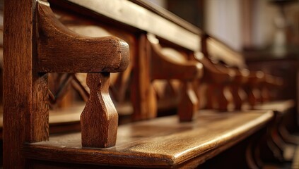 Close-up of aged wooden church pews, showing ornate carving and polished surfaces