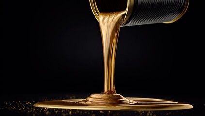 Golden liquid pours from a dark cylinder onto a reflective surface