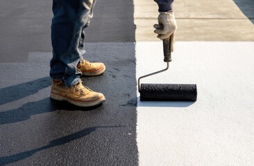 Person in work boots applies dark coating to white surface with roller