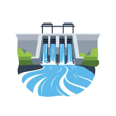 Illustration of a hydroelectric dam with water flowing through its gates into a river, surrounded by greenery, depicted in a graphic style.