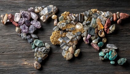 A world map crafted from diverse gemstones and minerals on wood