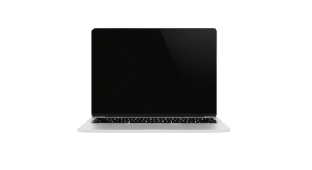 Silver laptop computer with black screen and keyboard on black background technology device, Isolated On Png Transparent Background