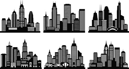 Modern city skyline silhouettes, urban buildings vector set, metropolis skyscraper collection, black town landscape illustration, architecture design elements, isolated graphic, real estate concept. © Shoentesh