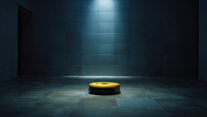 A lone robotic vacuum cleaner rests in the center of a dimly lit, tiled room