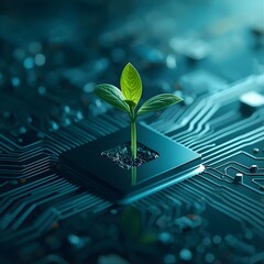 Seedling sprouting from microchip illustrating biotech innovation
