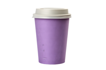 A single, light purple disposable coffee cup with a light gray lid standing against on transparent background