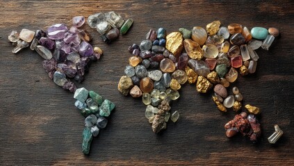 World map crafted from colorful polished gemstones and rough mineral nuggets