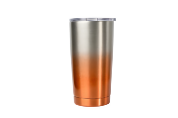 Insulated stainless steel travel tumbler with gradient silver and copper color isolated on transparent background
