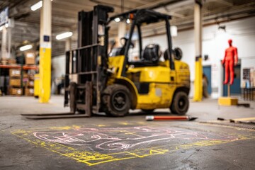 Yellow forklift parked in industrial space with chalk drawing on floor