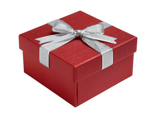 Fototapeta premium Red Square Gift Box with Silver Ribbon Isolated on Transparent Background, PNG