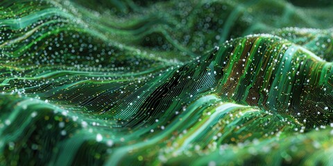 Abstract green and gold wavy lines with tiny bright particles