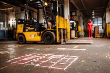 Yellow forklift in warehouse with chalk grid on floor, red figure in background