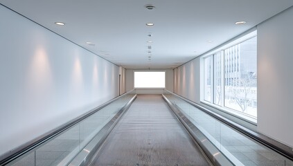 A long, bright indoor walkway with moving sidewalks and large windows