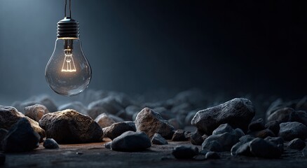 A single lit bulb hangs above a rocky, dark ground