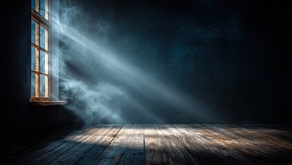 Moody interior scene with light rays streaming through a window
