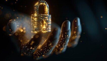 A glowing digital padlock floats above an open hand, surrounded by particles