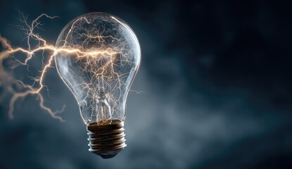 An incandescent light bulb crackles with energetic lightning against a dark, cloudy background
