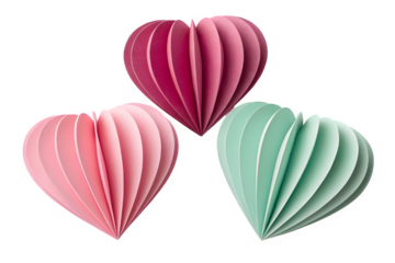 A collection of three colorful 3d paper heart decorations on transparent background