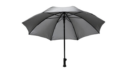 Open dark gray umbrella, metal pole and spokes, black handle, isolated
